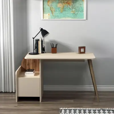 Babel Computer Desk with Cabinet - Light Walnut / Beige
