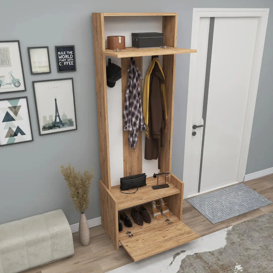 Edessa Hallway Coat Rack with Cabinet - Atlantic Pine / White
