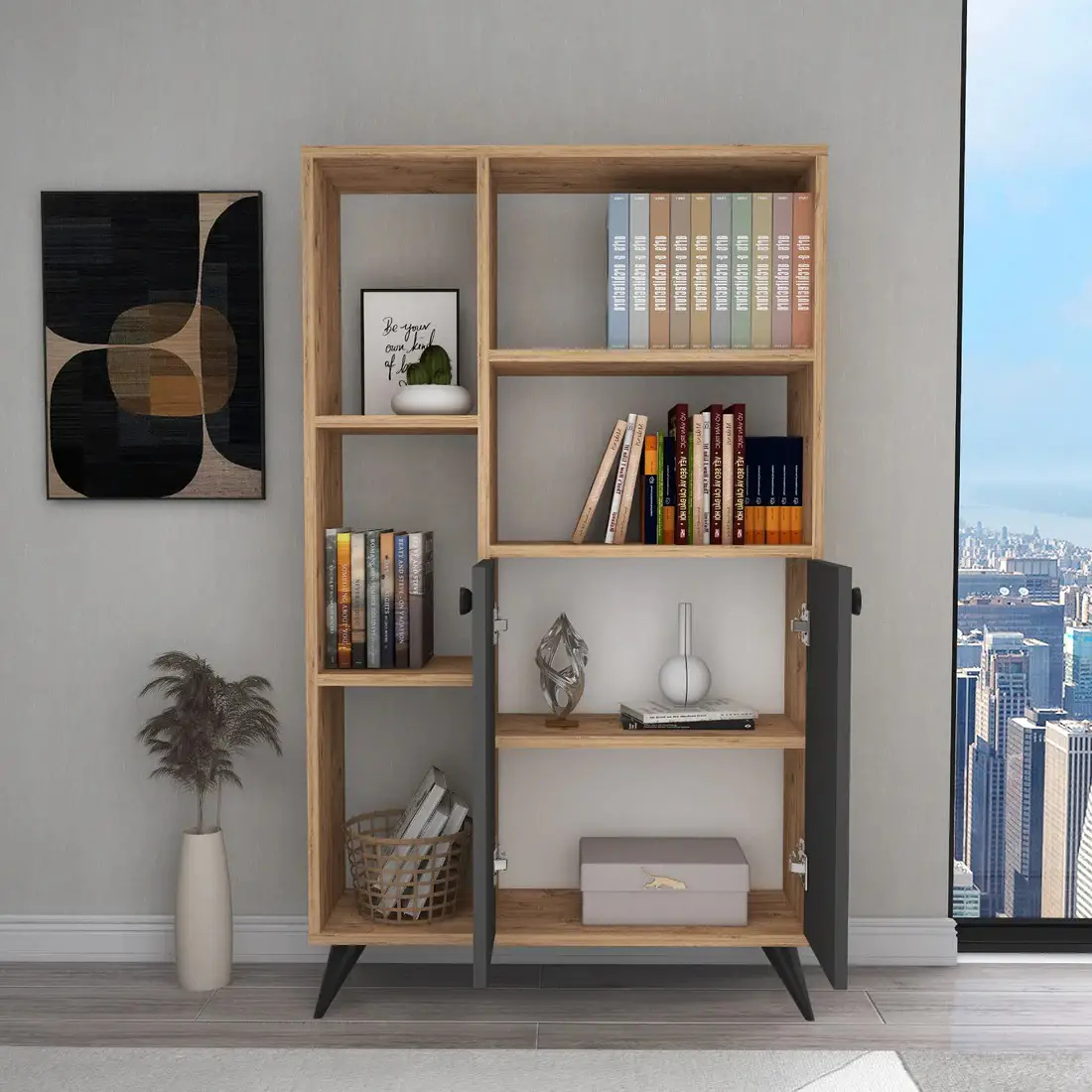 Melantha Bookcase with Cabinets and Shelves - Atlantic Pine / Anthracite