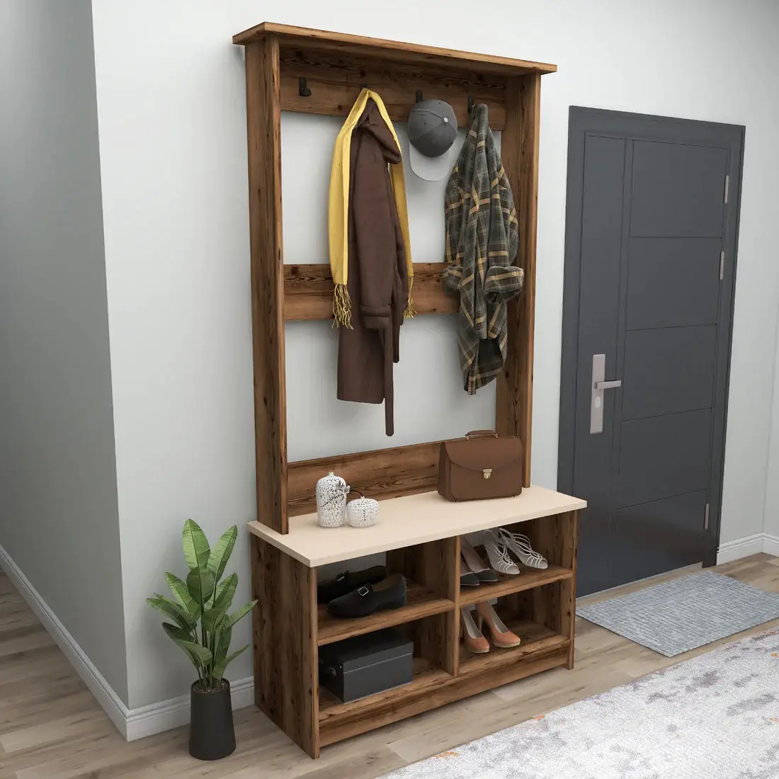 Amelia Hallway Coat Rack with Shelves - Light Walnut / Beige