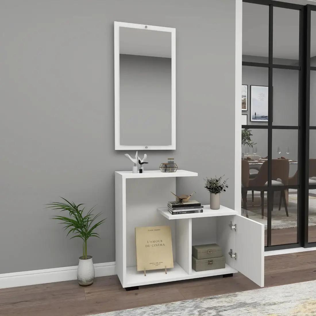 Ales Dresuar Console Table with Cabinet, Shelves and Mirror