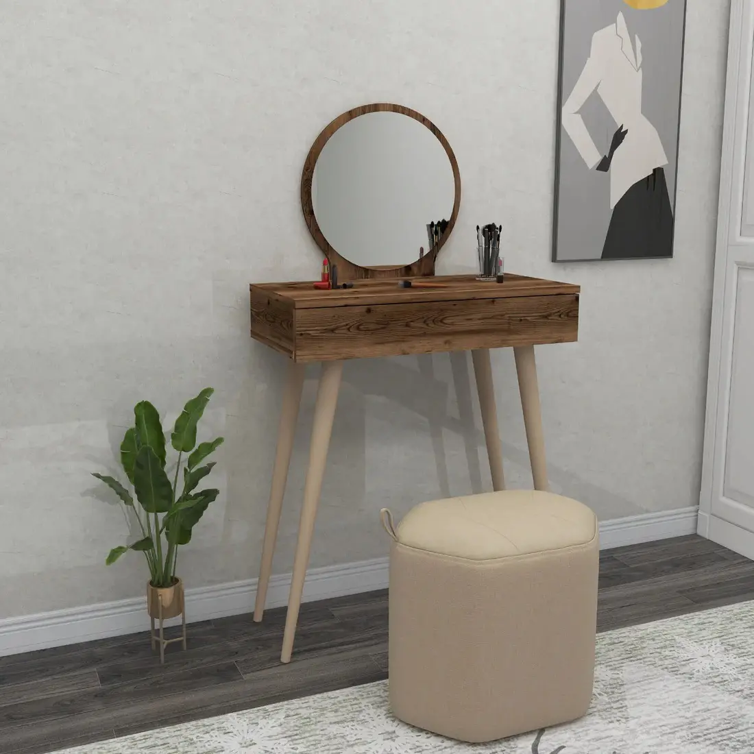 Novae Makeup Vanity Table with Mirror - Light Walnut