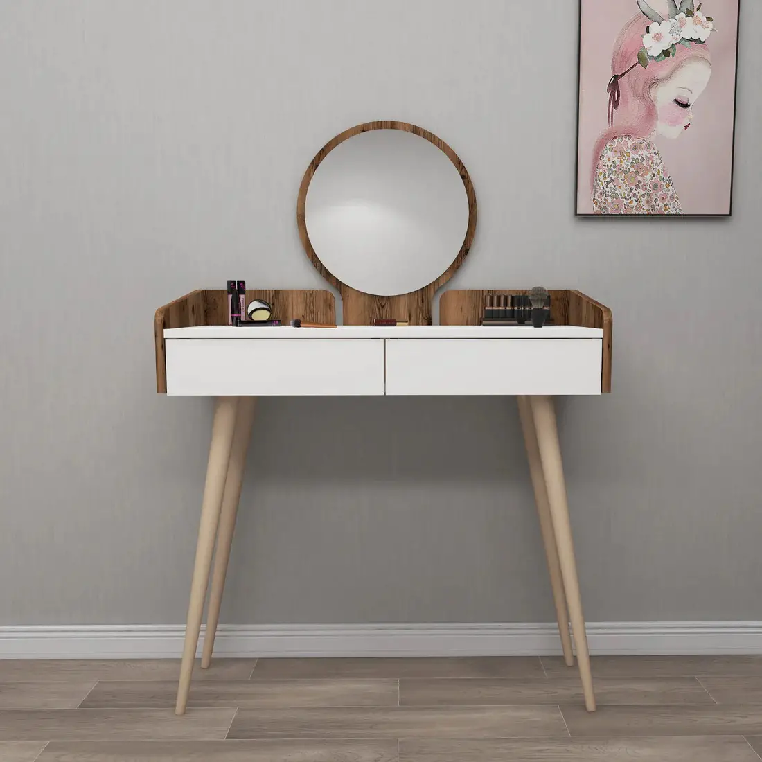 Burim Makeup Vanity Table with Mirror - Light Walnut / White