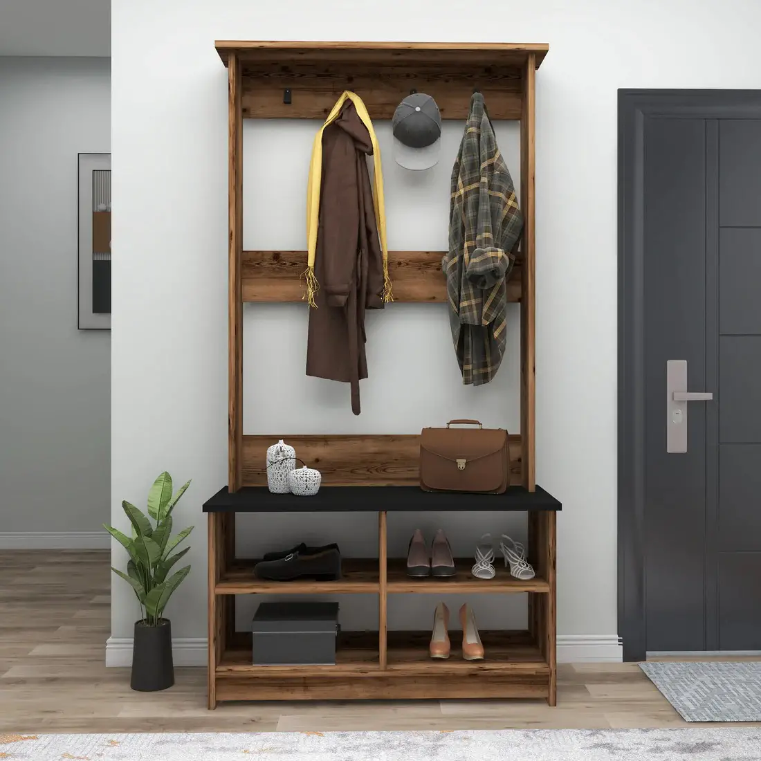 Amelia Hallway Coat Rack with Shelves - Light Walnut / Black