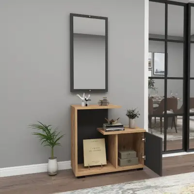 Ales Dresuar Console Table with Cabinet, Shelves and Mirror - Atlantic Pine / Anthracite