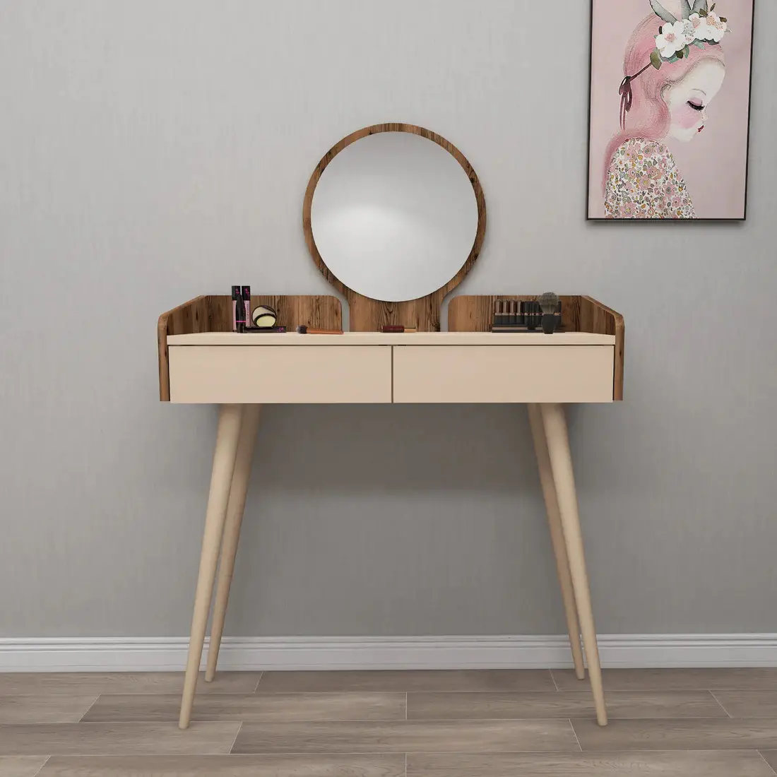 Burim Makeup Vanity Table with Mirror - Light Walnut / Beige