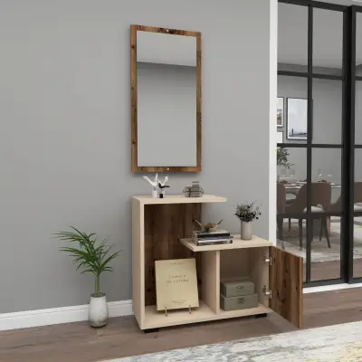 Ales Dresuar Console Table with Cabinet, Shelves and Mirror - Light Walnut / Beige