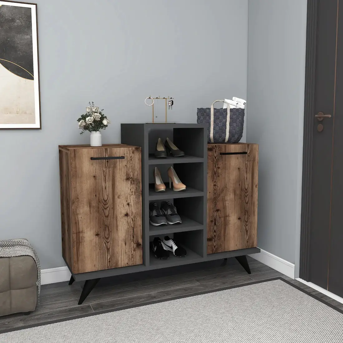 Minta Shoe Storage Shelf with Cabinet - Light Walnut / Anthracite