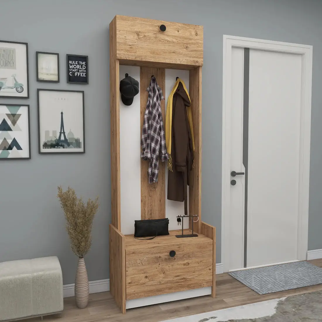 Edessa Hallway Coat Rack with Cabinet - Atlantic Pine / White