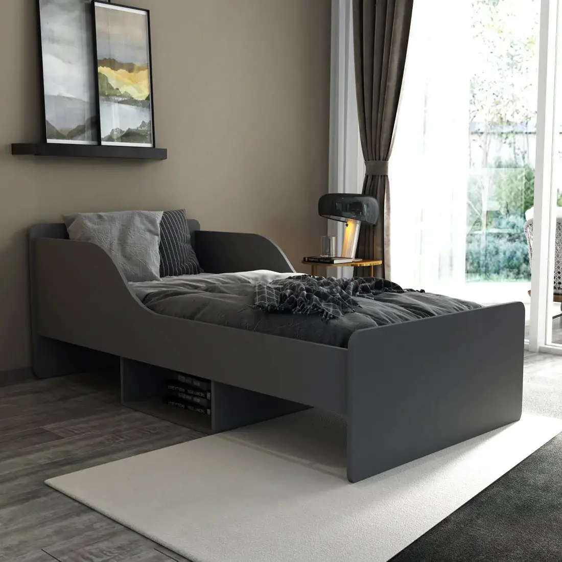 Julie Bedstead Bed Frame with Headboard and Storage Shelf - Anthracite