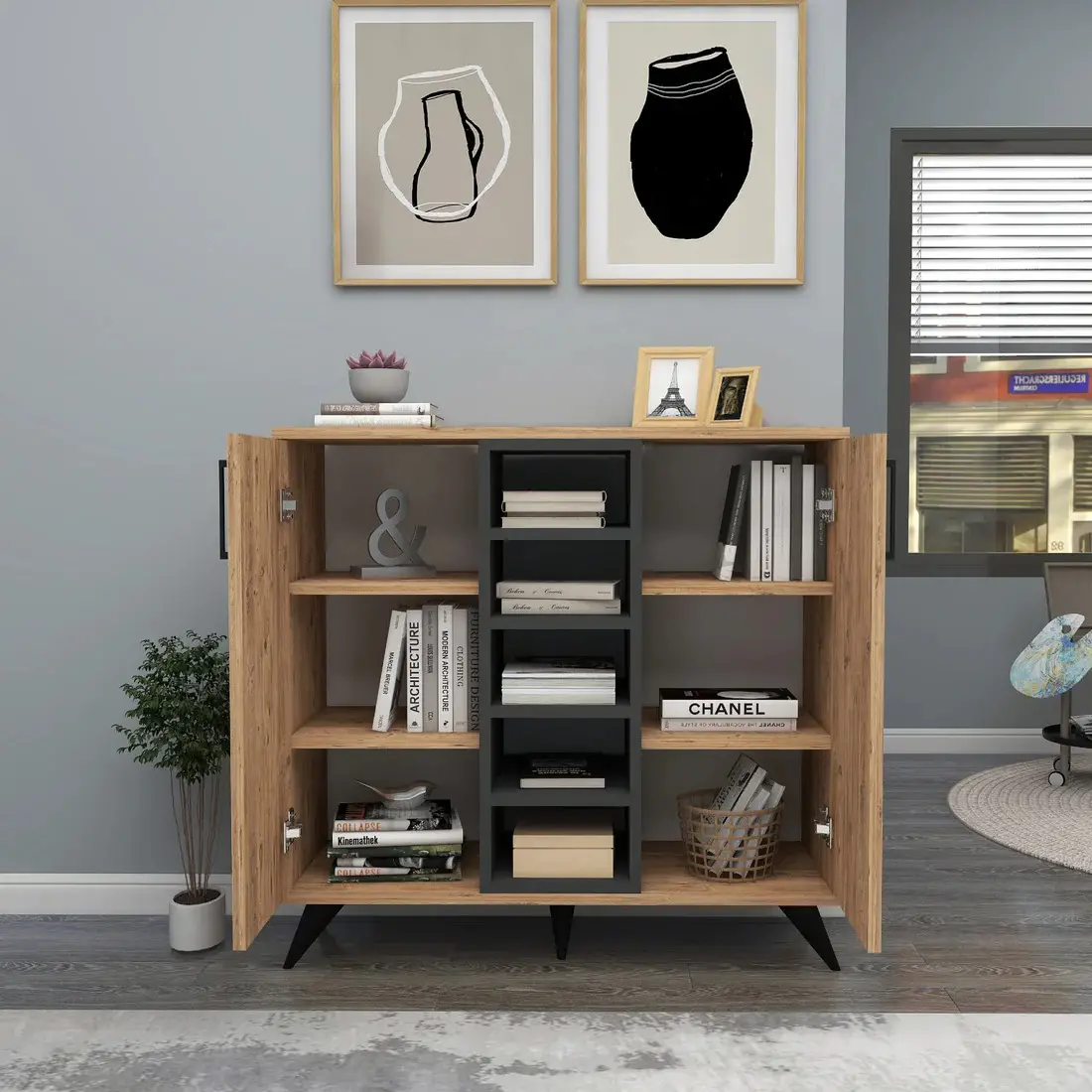 Leander Bookcase with Cabinets and Shelves - Atlantic Pine / Anthracite