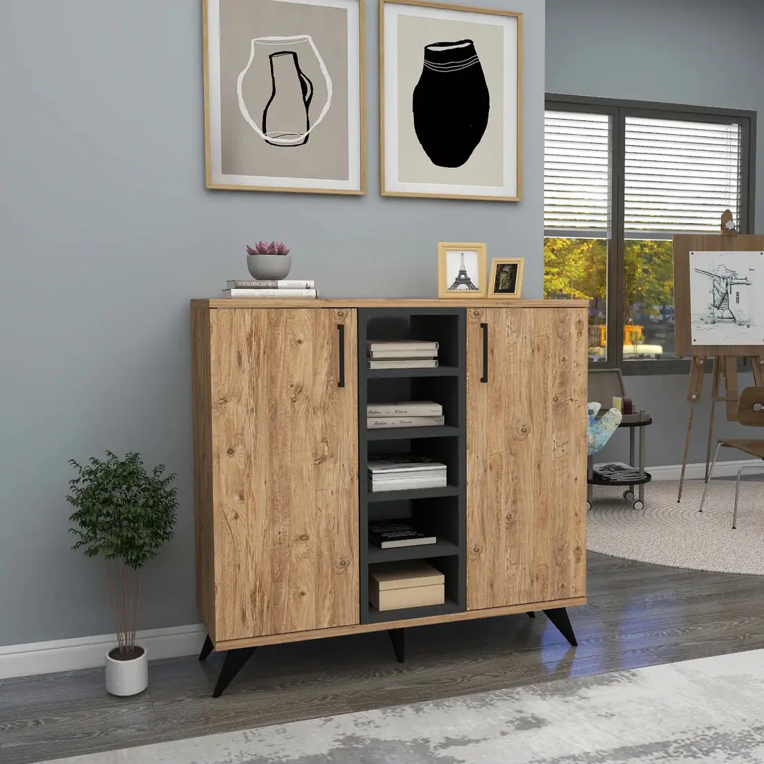 Leander Bookcase with Cabinets and Shelves - Atlantic Pine / Anthracite