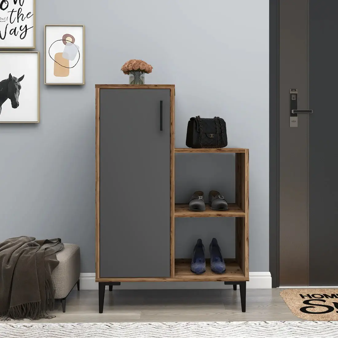 Beate Shoe Storage Shelf with Cabinet - Light Walnut / Anthracite