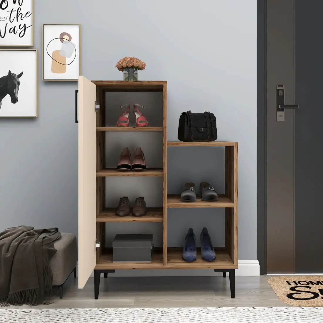 Beate Shoe Storage Shelf with Cabinet - Light Walnut / Beige