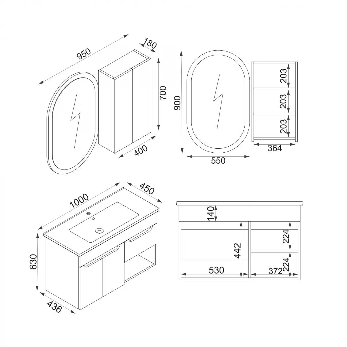 Alexa Bathroom Top-Bottom Washbasin Cabinet Mirror, Sink and Side Cabinet Set - Light Green & Oa