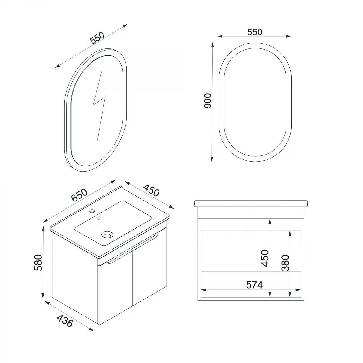 Alexa Bathroom Top-Bottom Washbasin Cabinet Mirror, Sink & Side Cabinet Set - Ireland Blue &