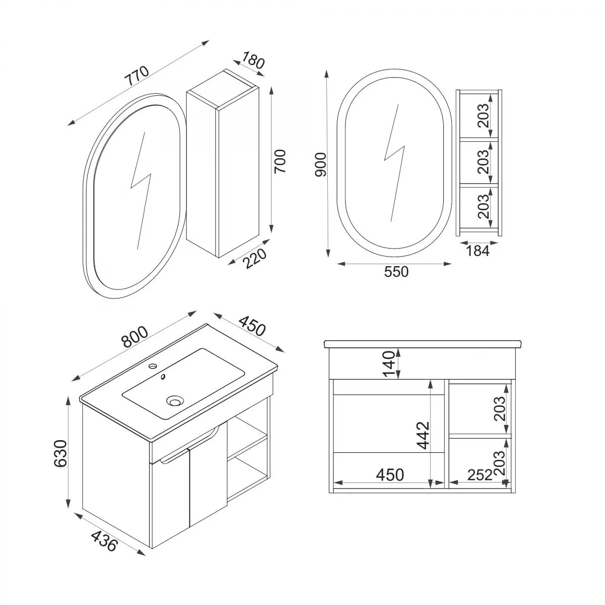 Alexa Bathroom Top-Bottom Washbasin Cabinet Mirror, Sink and Side Cabinet Set - Light Green & Oa