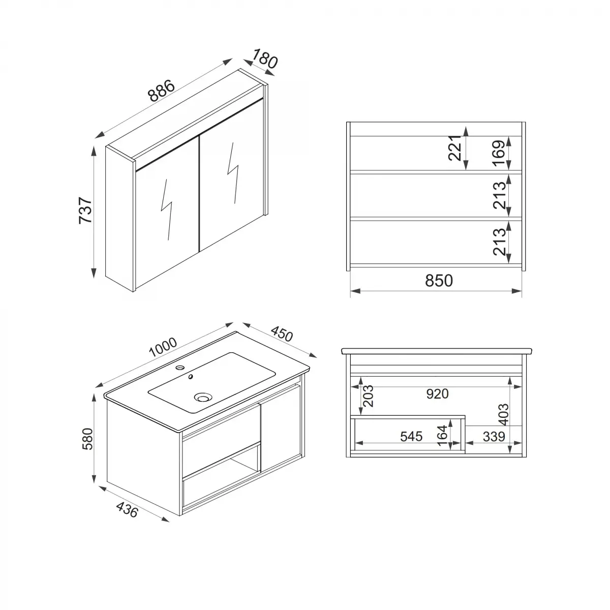 Arty Bathroom Top-Bottom Washbasin Cabinet with Mirror, Sink & Side Cabinet Set - Oak & Whit