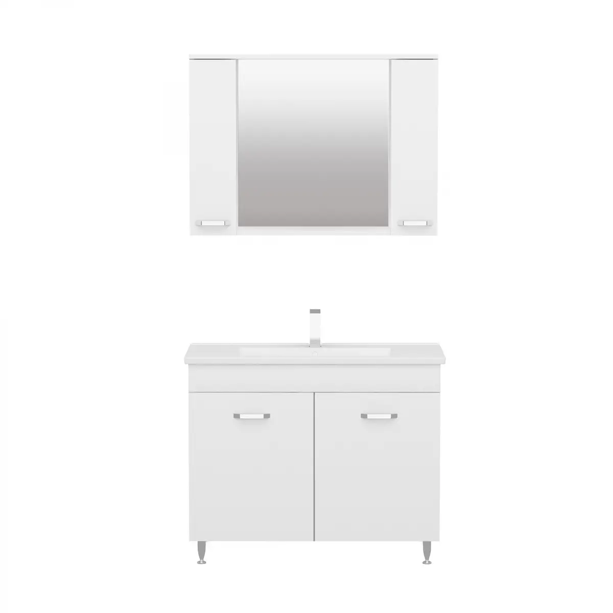 Bion Bathroom Top-Bottom Washbasin Cabinet with Mirror, Sink & Side Cabinet Set - White