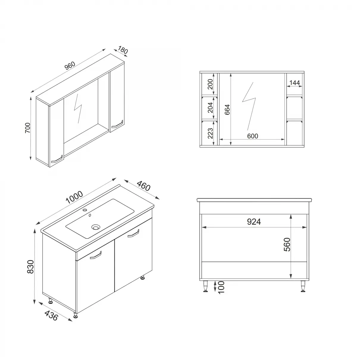 Bion Bathroom Top-Bottom Washbasin Cabinet with Mirror, Sink & Side Cabinet Set - White