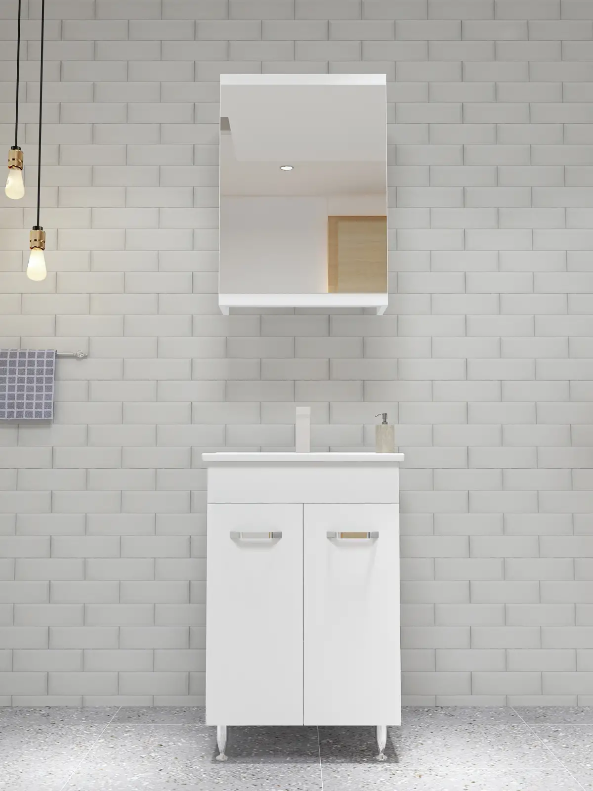 Bion Bathroom Top-Bottom Washbasin Cabinet with Mirror, Sink & Side Cabinet Set - White