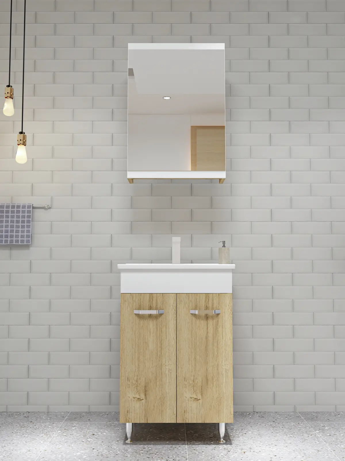 Bion Bathroom Top-Bottom Washbasin Cabinet with Mirror, Sink & Side Cabinet Set - Oak & Whit