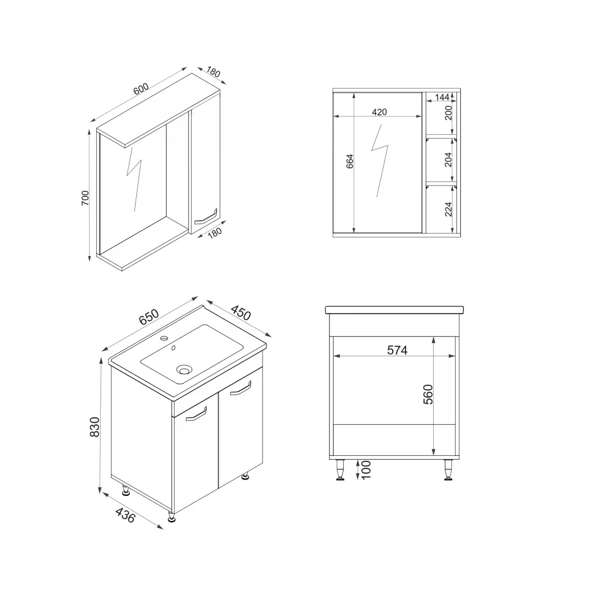 Bion Bathroom Top-Bottom Washbasin Cabinet with Mirror, Sink & Side Cabinet Set - White