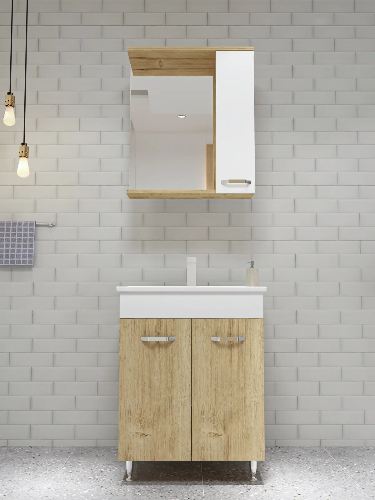 Bion Bathroom Top-Bottom Washbasin Cabinet with Mirror, Sink & Side Cabinet Set - Oak & Whit