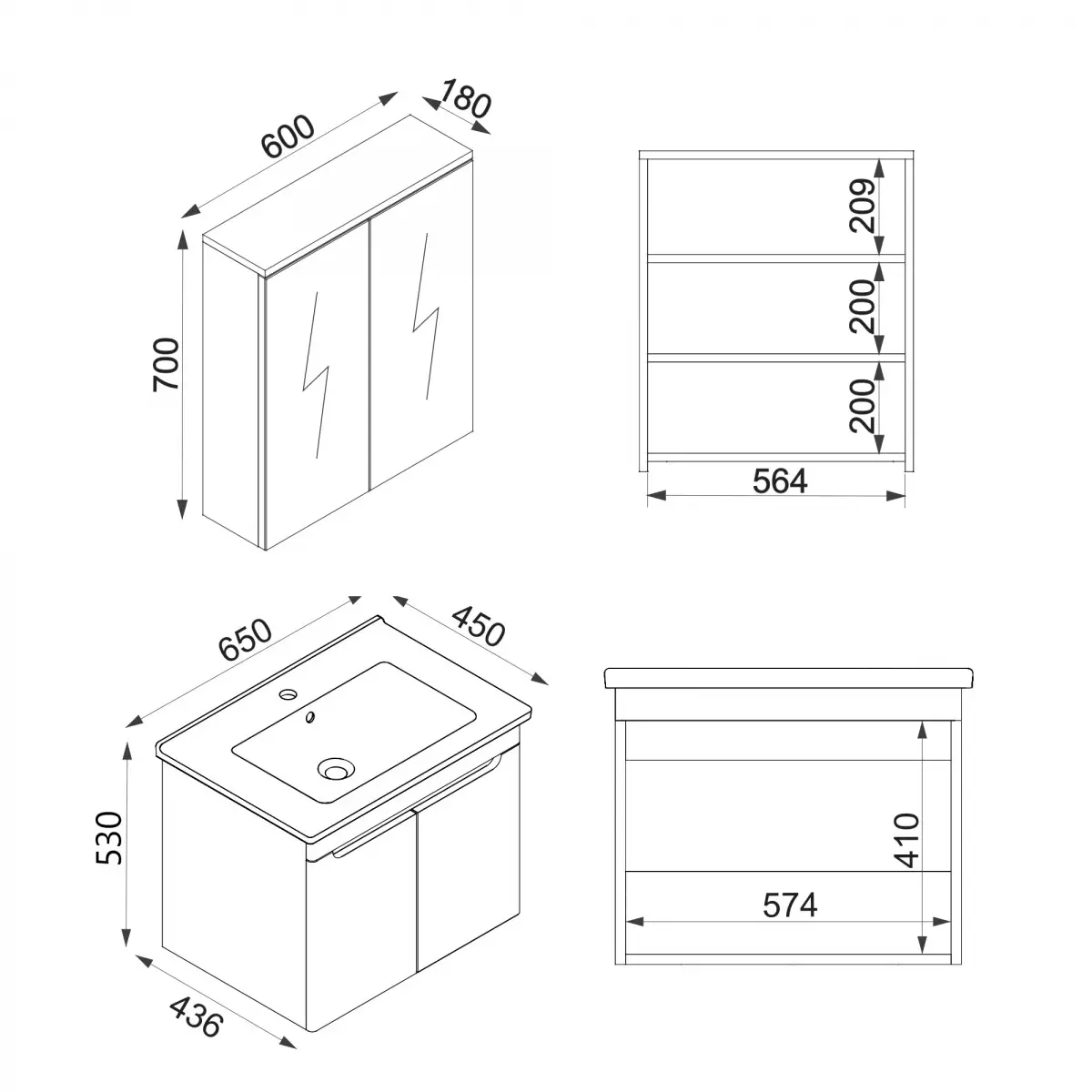 Evola Bathroom Top-Bottom Washbasin Cabinets with Mirror, Sink & Side Cabinet Set - Cappuccino