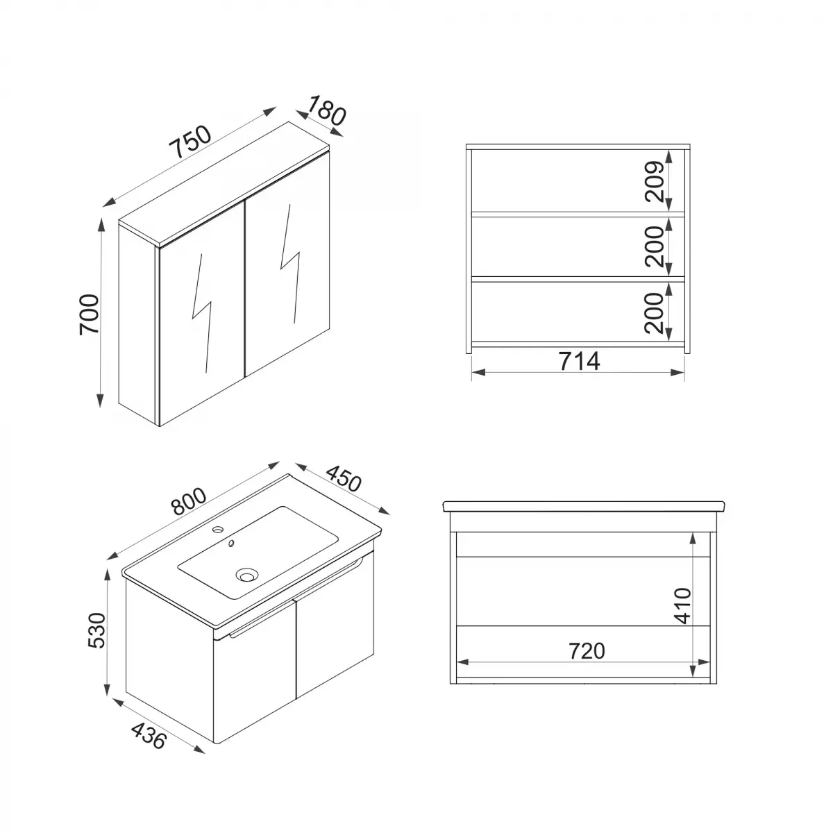 Evola Bathroom Top-Bottom Washbasin Cabinets with Mirror, Sink & Side Cabinet Set - White & 