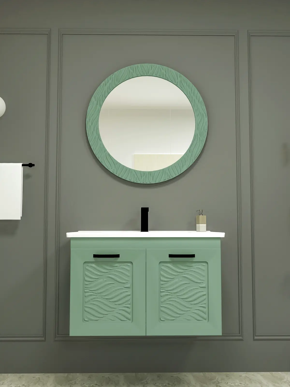 Galia Bathroom Washbasin Cabinet with Framed Wall Mirror, Sink & Side Cabinet Set - Light Green