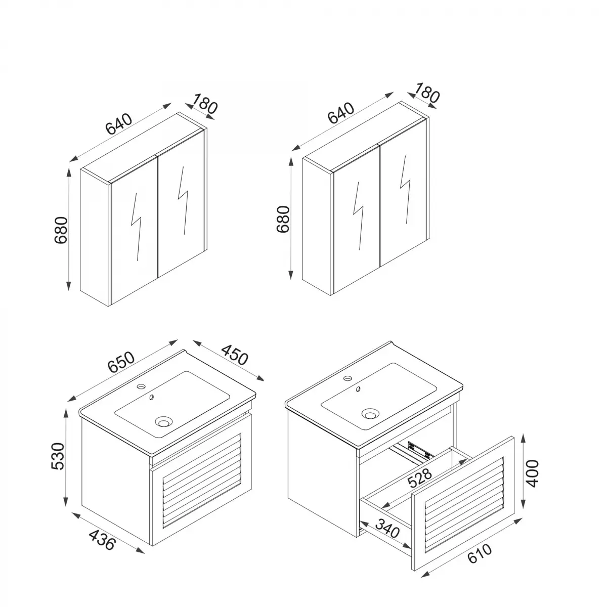 Helenka Bathroom Top-Bottom Washbasin Cabinets with Mirror, Sink & Side Cabinet Set - White