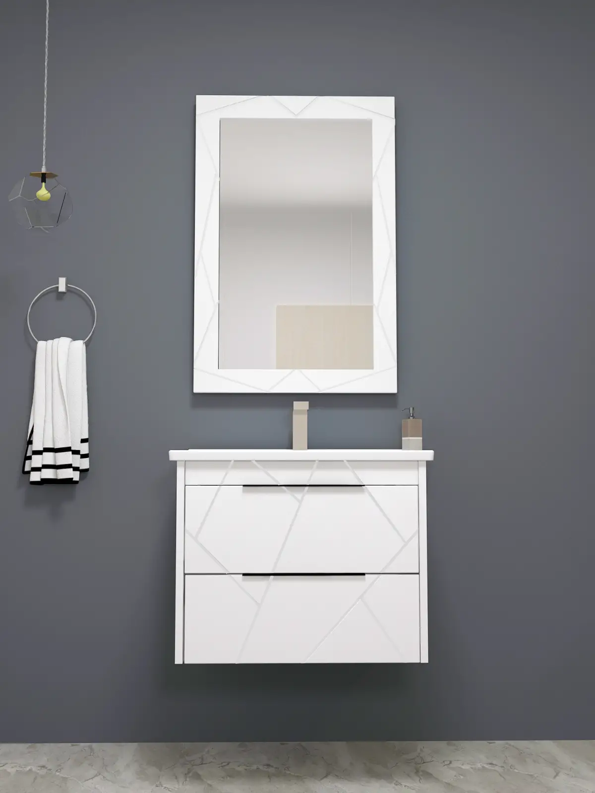 Keops Bathroom Washbasin Cabinet with Framed Wall Mirror, Sink & Side Cabinet Set - White