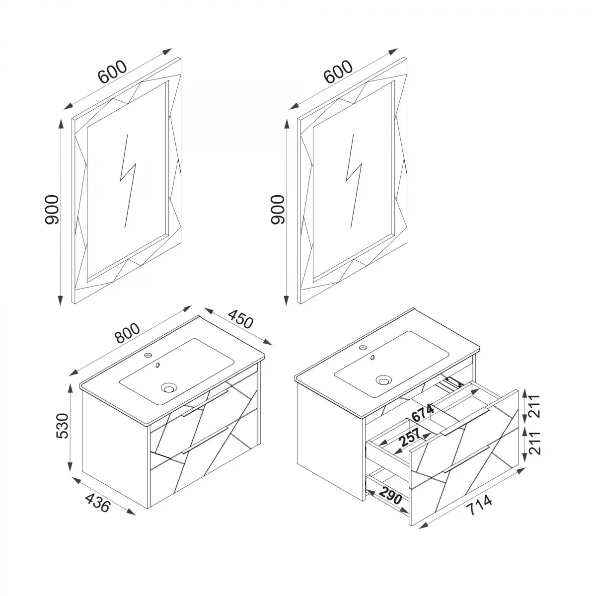 Keops Bathroom Washbasin Cabinet with Framed Wall Mirror, Sink & Side Cabinet Set - White