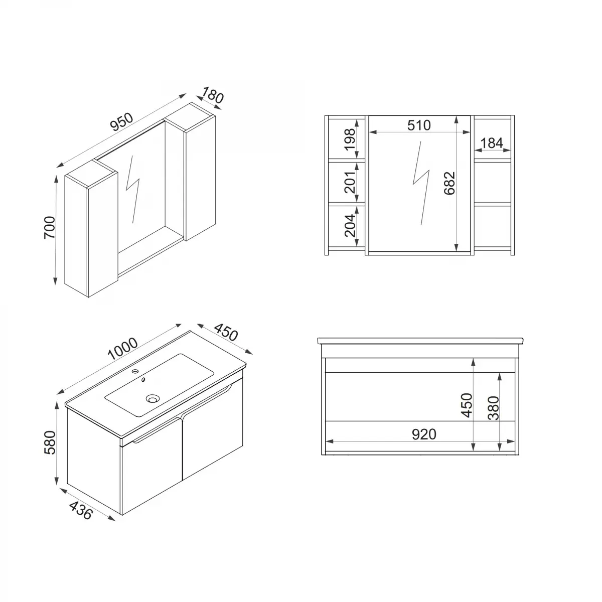 Leny Bathroom Top-Bottom Washbasin Cabinet with Mirror, Sink & Side Cabinet Set - Walnut & W