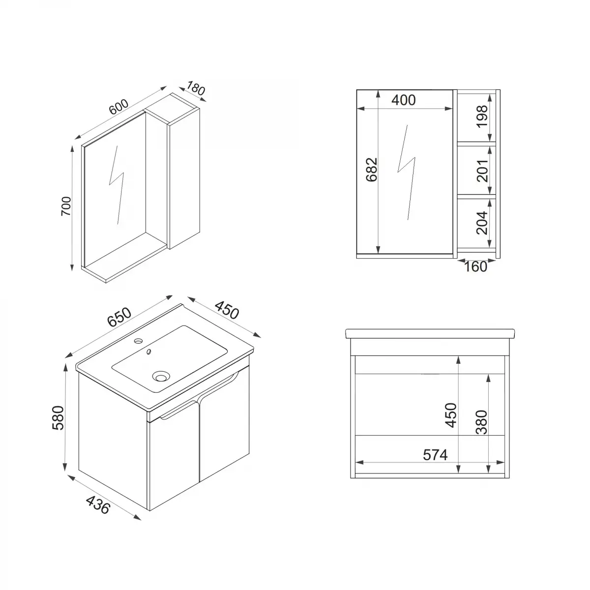 Leny Bathroom Top-Bottom Washbasin Cabinet with Mirror, Sink & Side Cabinet Set - Walnut & W