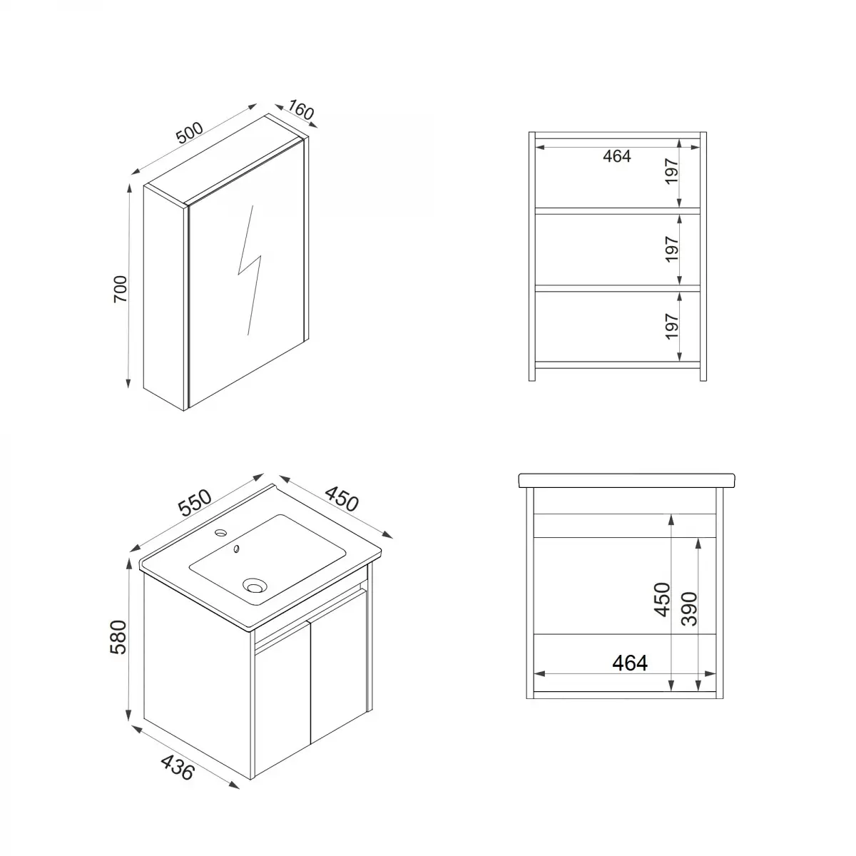 Maya Bathroom Top-Bottom Washbasin Cabinet Mirror, Sink & Side Cabinet Set - Oak & White