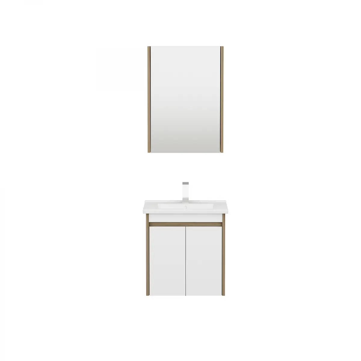 Maya Bathroom Top-Bottom Washbasin Cabinet Mirror, Sink & Side Cabinet Set - Walnut & White