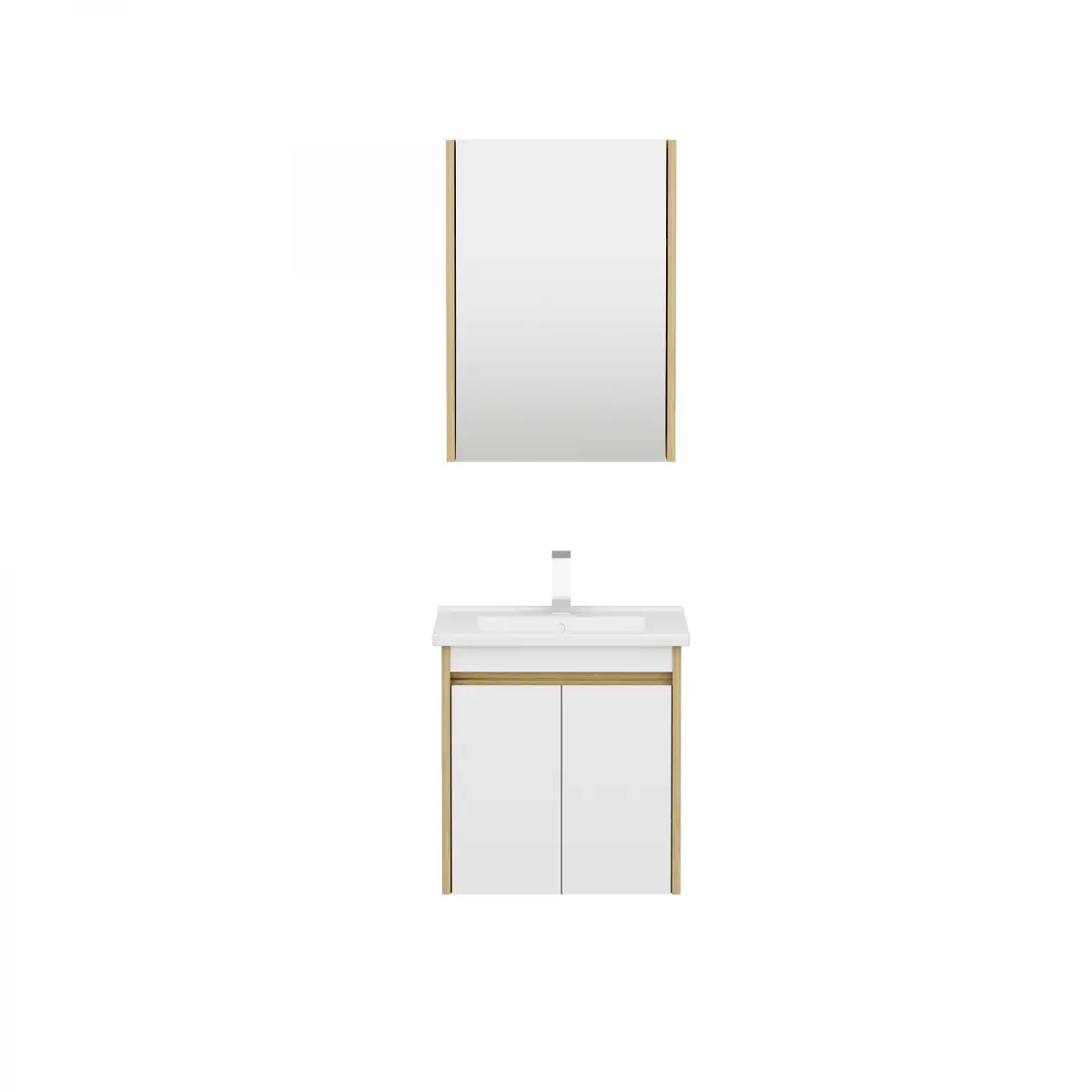 Maya Bathroom Top-Bottom Washbasin Cabinet Mirror, Sink & Side Cabinet Set - Oak & White