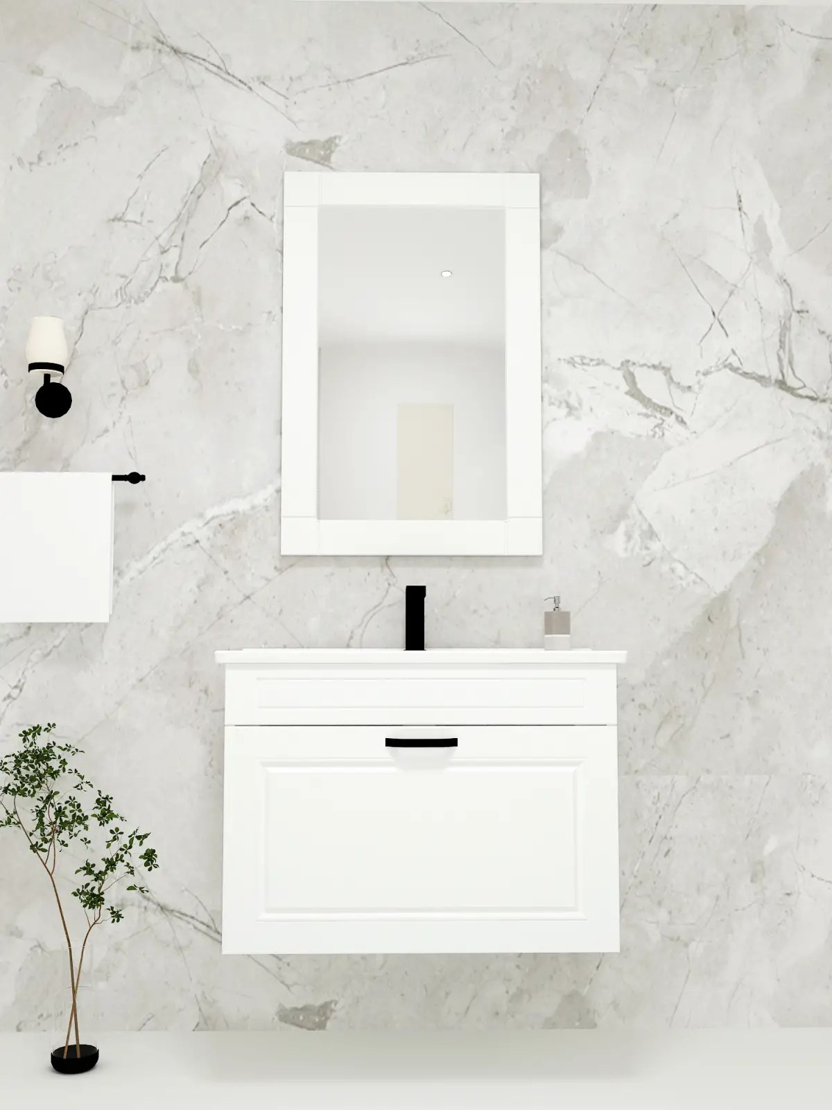 Moderno Bathroom Washbasin Cabinet with Framed Wall Mirror, Sink & Side Cabinet Set - White