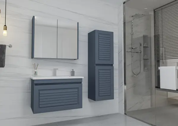 Helenka Bathroom Top-Bottom Washbasin Cabinets with Mirror, Sink & Side Cabinet Set - Ireland Blue
