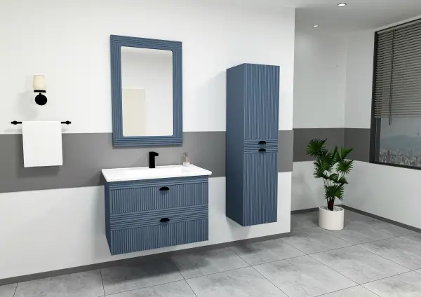 Sanvela Bathroom Washbasin Cabinet with Framed Wall Mirror, Sink & Side Cabinet Set - Ireland Blue
