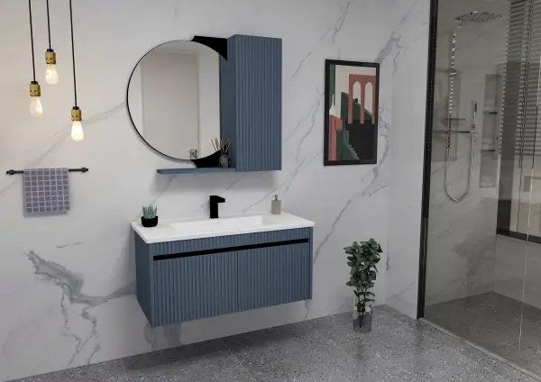 Regnum Bathroom Top-Bottom Washbasin Cabinet Mirror and Sink Set - Ireland Blue & Black