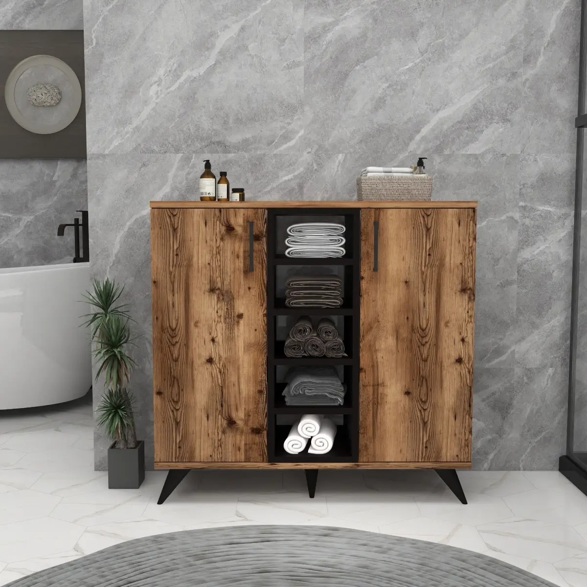 Leander Bathroom Cabinet with Shelves - Light Walnut & Black
