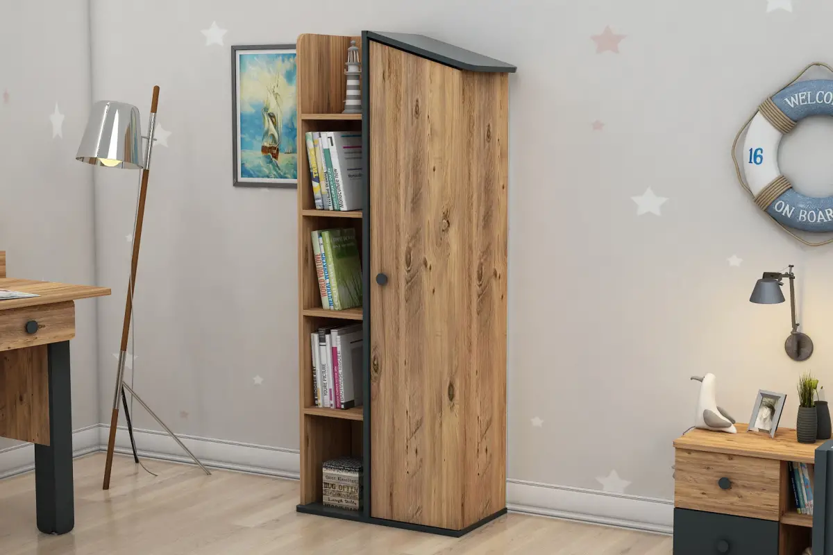 Valentino Bookcase with Storage Shelves and Cabinets - Atlantic Pine & Anthracite