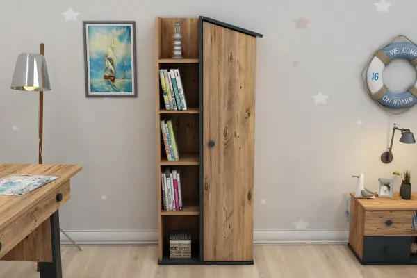 Valentino Bookcase with Storage Shelves and Cabinets - Atlantic Pine & Anthracite