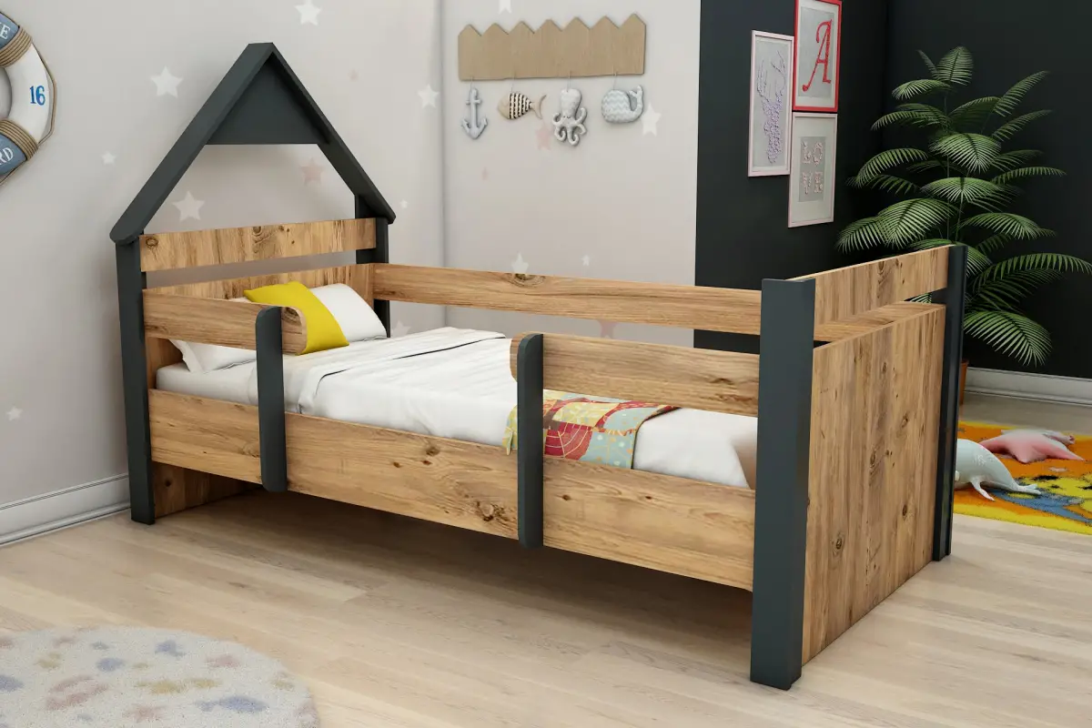 Valentino Bedstead Bed Frame with Headboard - Atlantic Pine & Anthracite