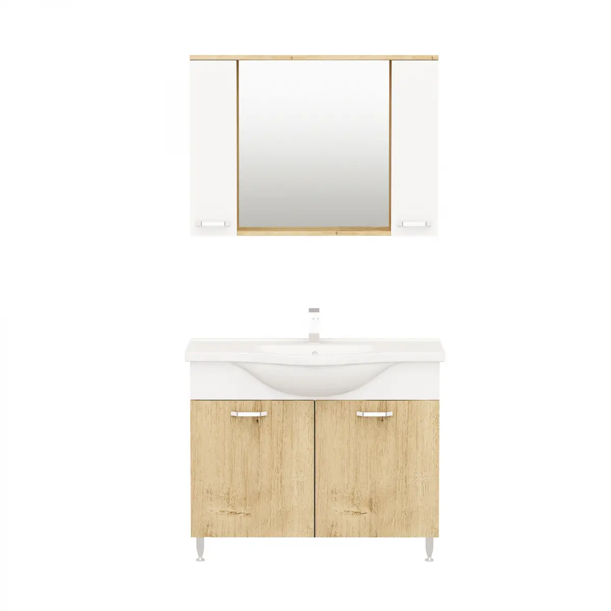 Vera Bathroom Top-Bottom Washbasin Cabinet with Mirror, Sink & Side Cabinet Set - Oak & Whit