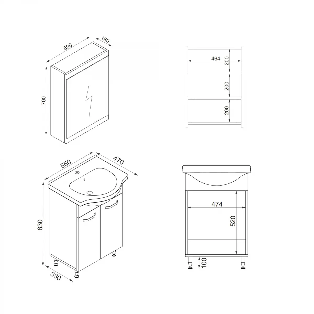 Vera Bathroom Top-Bottom Washbasin Cabinet with Mirror, Sink & Side Cabinet Set - White