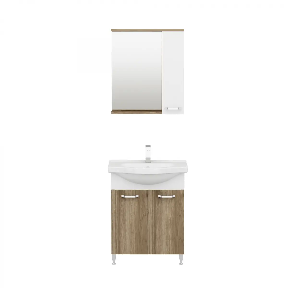 Vera Bathroom Top-Bottom Washbasin Cabinet Mirror, Sink & Side Cabinet Set - Walnut & White